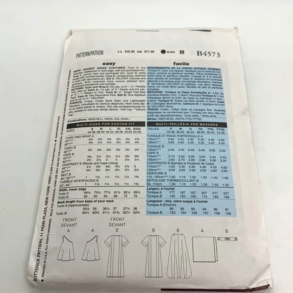 Butterick Making History UNCUT B4573 Ancient Greek Sewing Pattern XL, XXL, XXXL
